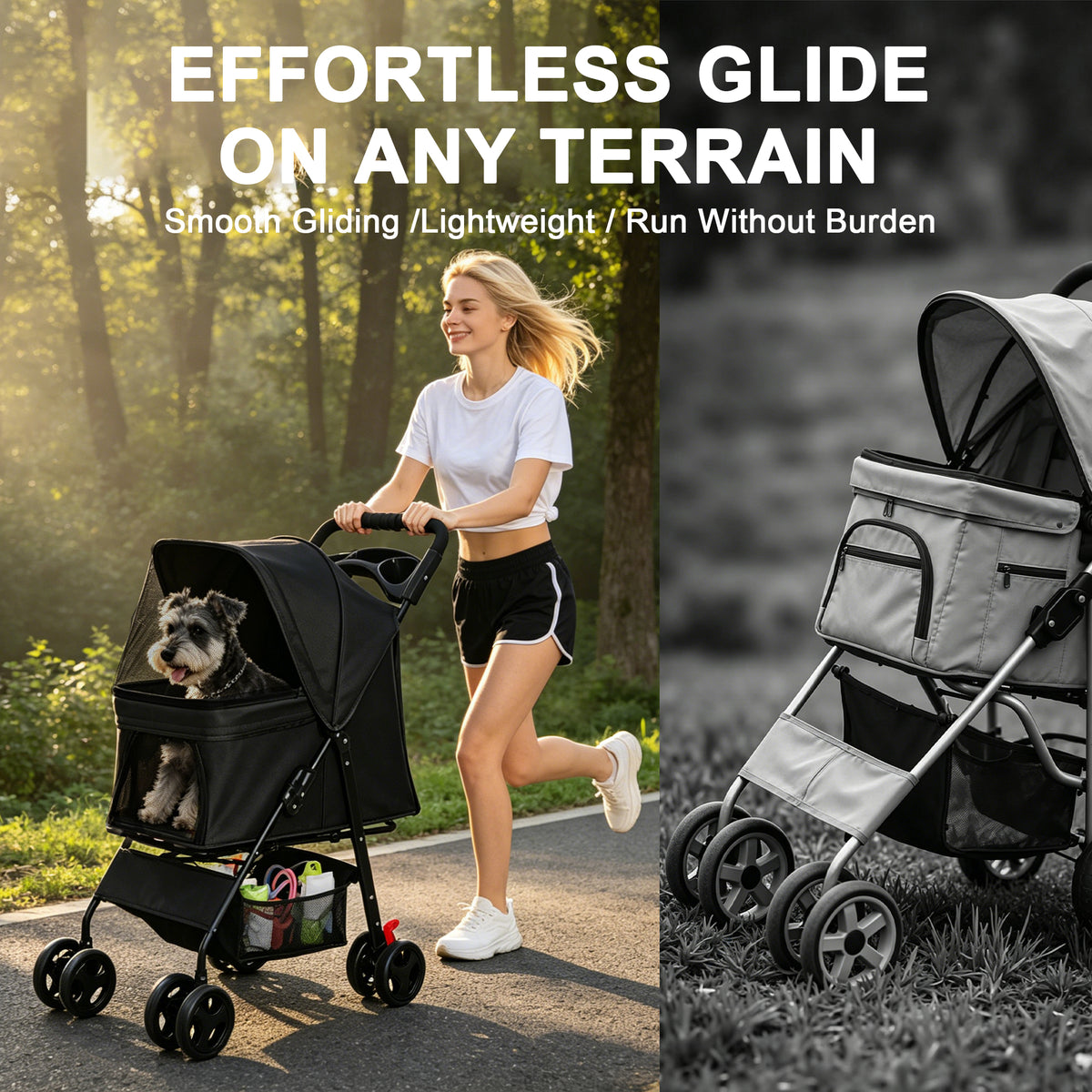 Foldable Pet Stroller for Small Dogs and Cats Under 28 lbs with Multi-Functional Tray, 2 Safety Leashes, Storage Basket 