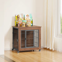 27.2" Dog Crate Furniture with Wheels for Small Dogs, Heavy Duty Dog Kennel Indoor with 2 Doors, Wooden Pet Cage End Tab