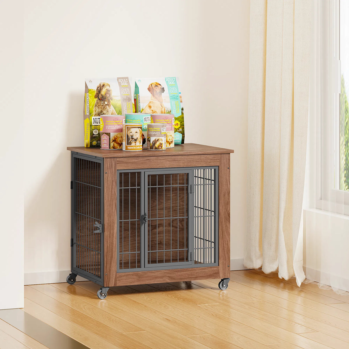 27.2" Dog Crate Furniture with Wheels for Small Dogs, Heavy Duty Dog Kennel Indoor with 2 Doors, Wooden Pet Cage End Tab
