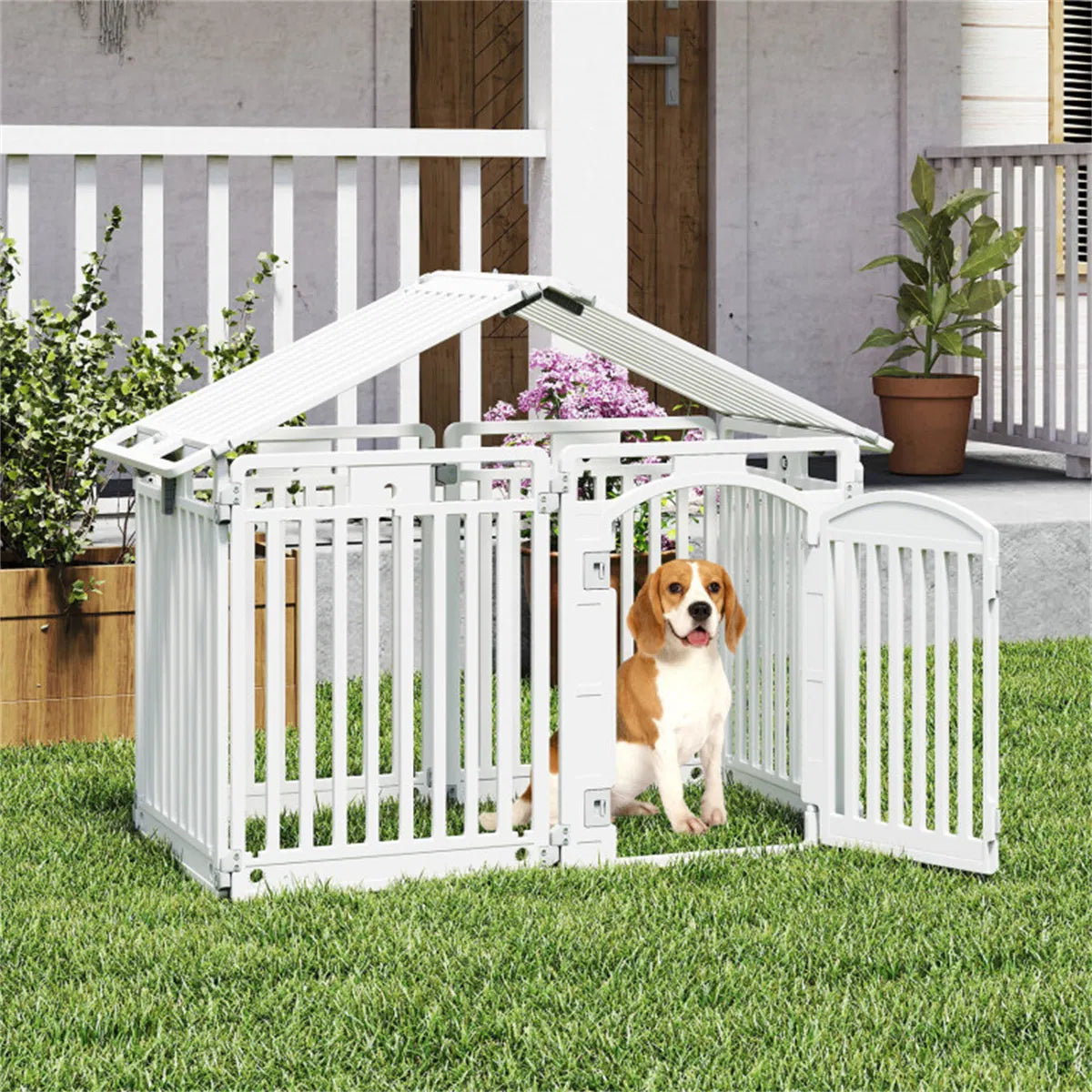 8-Panel HDPE Pet Fence (White) - Multiple Configurations (Octagon/Square/House), 50"x50"x32" Square Size, Lockable Door