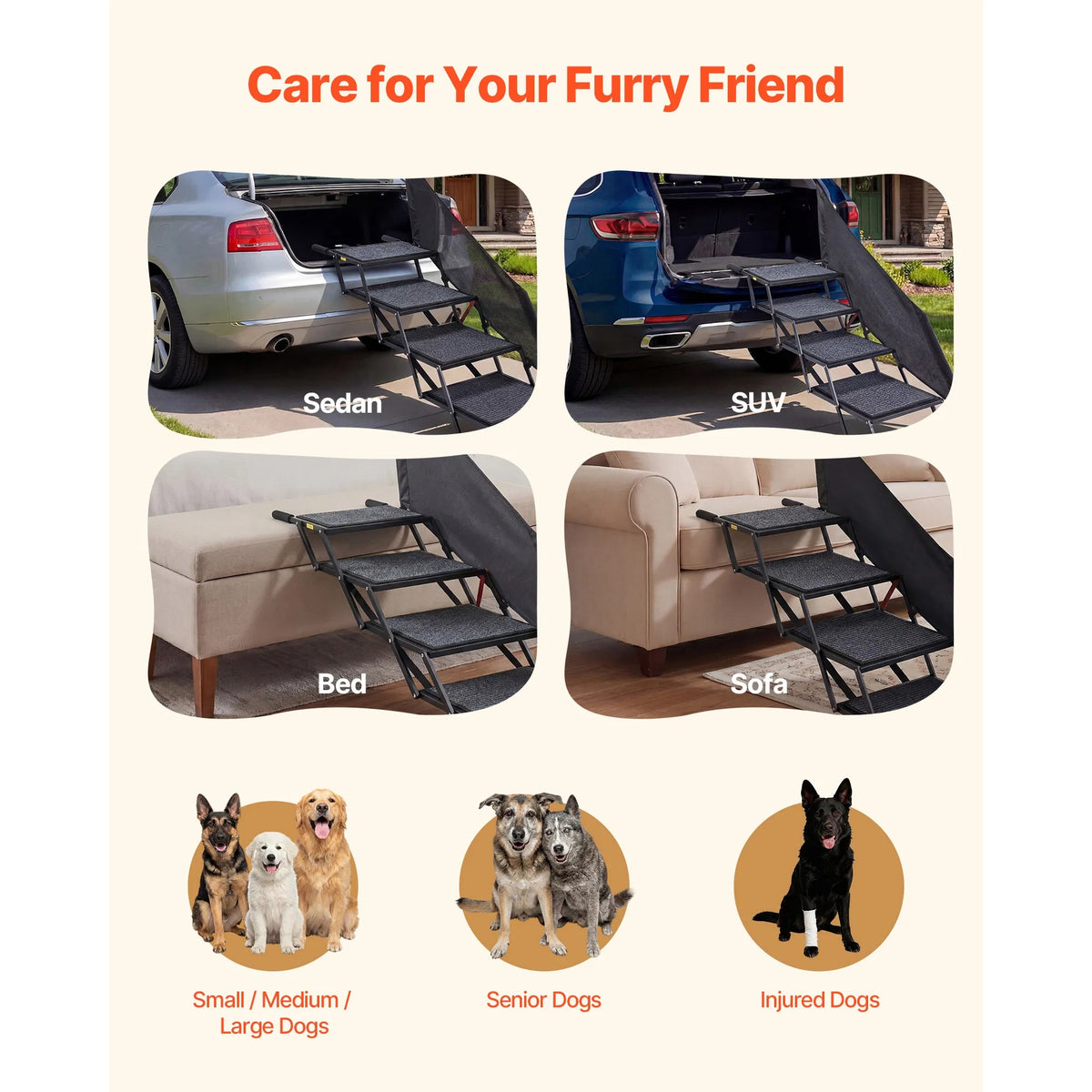 Dog Stairs For Car, 4-Step Extra-Wide Foldable Pet Ramp With Non-Slip Rug Surface, Lightweight Portable Dog Ladder For S