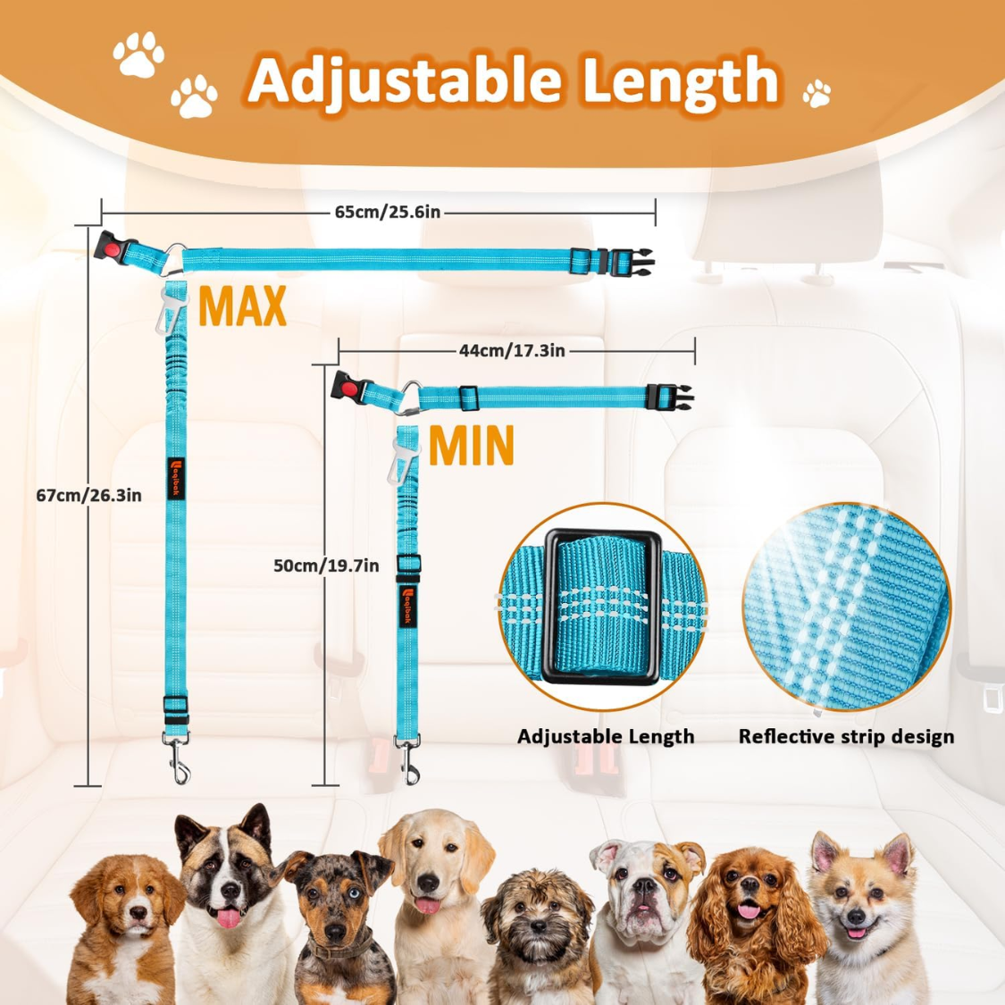 Removable Dog Seat Belt Harness For Car, 3 In 1 Pet Dog Car Seatbelt Leash, Retractable Restraint Secures To Vehicle Hea