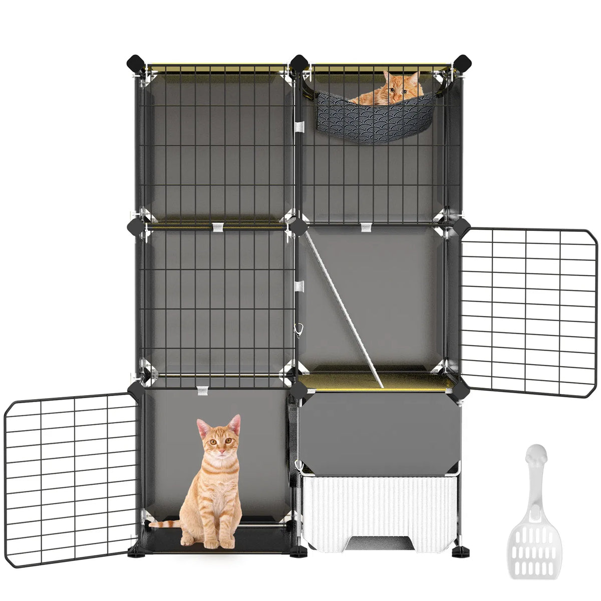 Multi-Level Cat Playpen Cage, 3-Tier Indoor Cat House with Built-in Litter Tray, Litter Scoop, Reversible Hammock for Ki