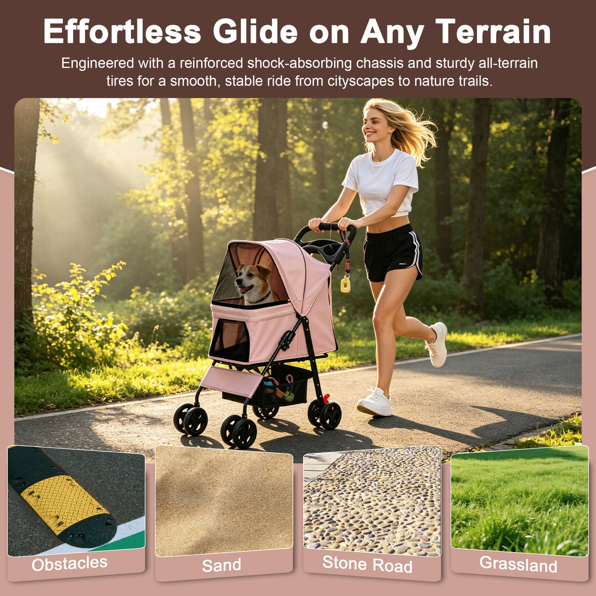 Foldable Pet Stroller for Small Dogs and Cats Under 28 lbs with Multi-Functional Tray, 2 Safety Leashes, Storage Basket 