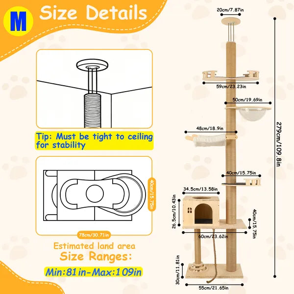 Floor To Ceiling Cat Tree, 6 Level Adjustable Height Climbing Tower With Thickened Scratching Posts, Cats Activity Cente