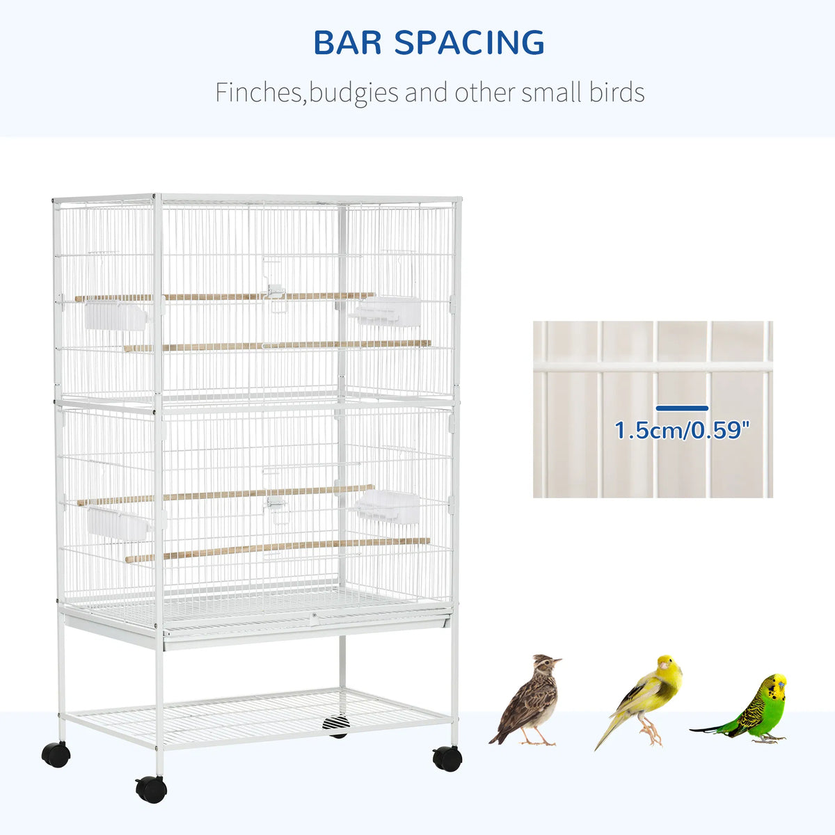 52" Large Rolling Steel Bird Cage Bird House with Rolling Stand, Storage Shelf, Wood Perch, Food Container, White