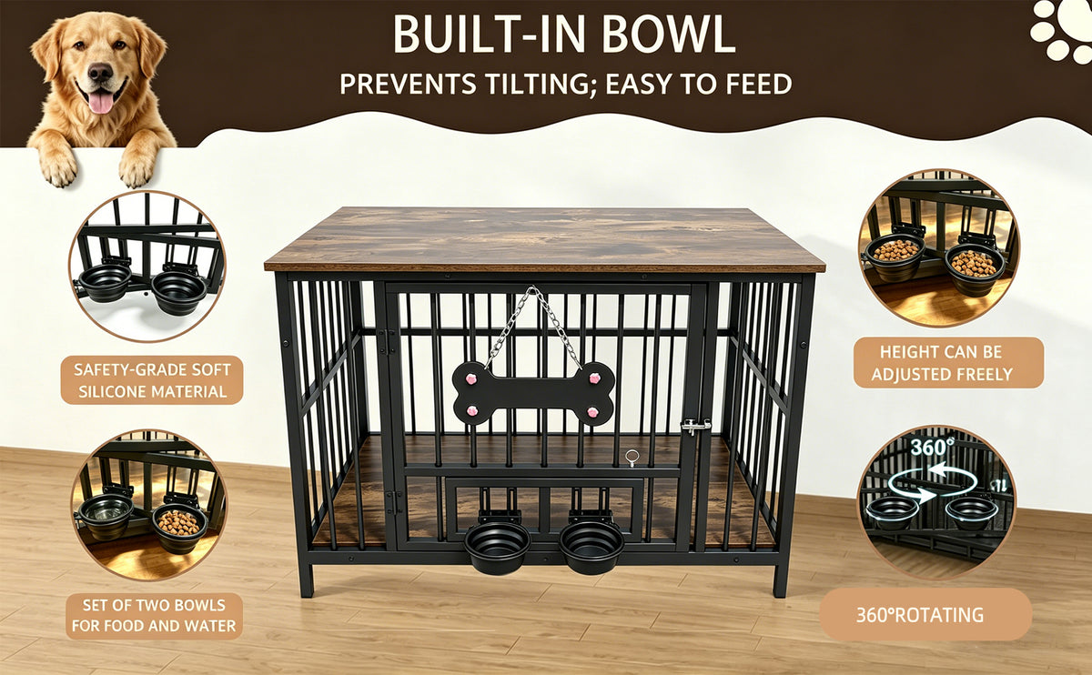 Vintage wood grain dog cage edge,360 degree rotating bowl with safety grade soft silicone material