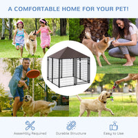 Outdoor Dog Kennel, Welded Wire Steel Fence, Lockable Pet Playpen Crate, with Water-, UV-Resistant Canopy Top, Door, 4.6