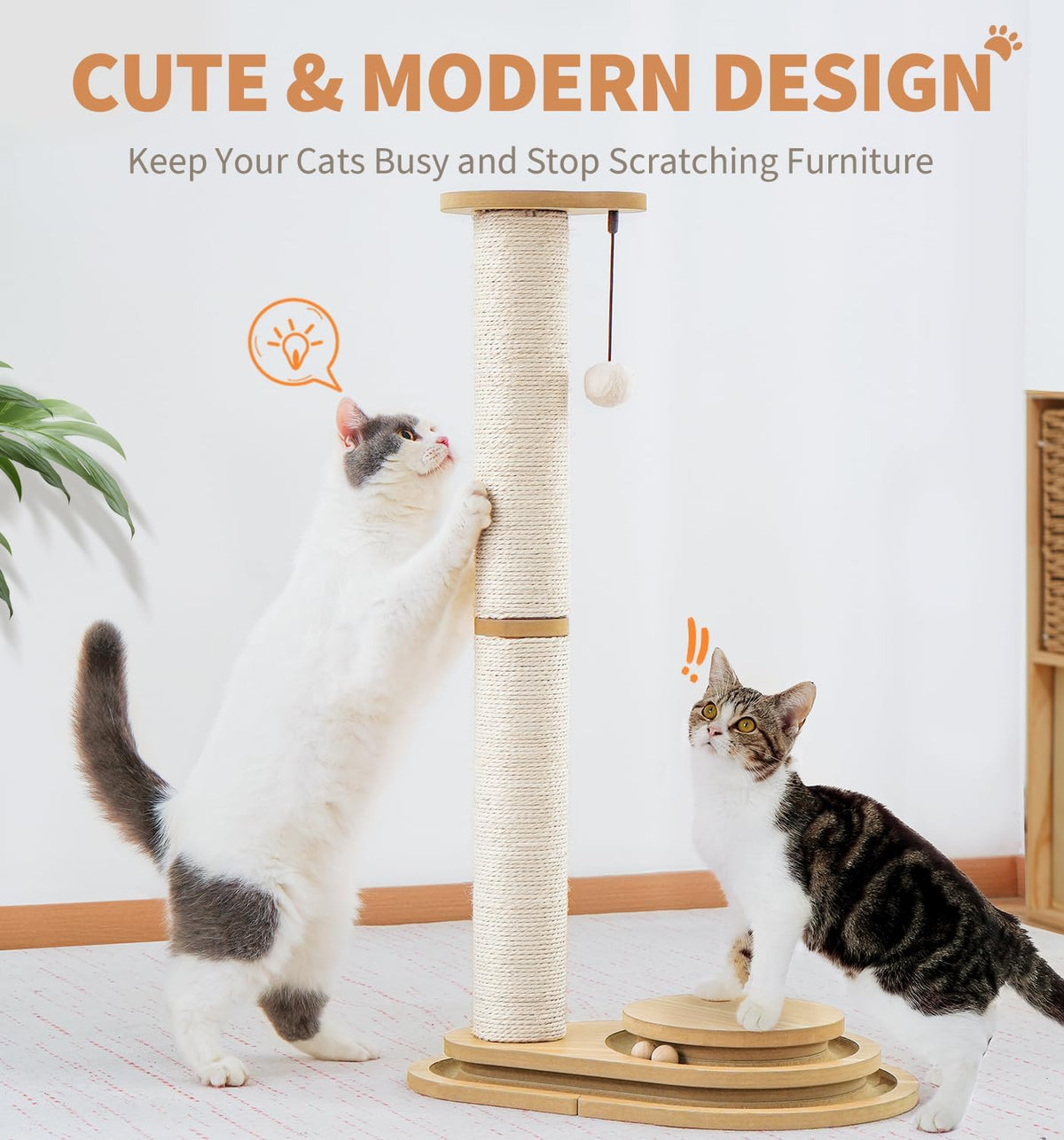 Medium-sized Two-layer Sisal Cat Scratching Post, Indoor Cat Interactive Toy, Wooden Ball Lane Hanging Ball For Kittens.