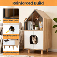 Natural & White Hidden Cat Litter Box Furniture, Elevated Cat Lounge Top Enclosed Cat Washroom Cabinet with Raised Legs 