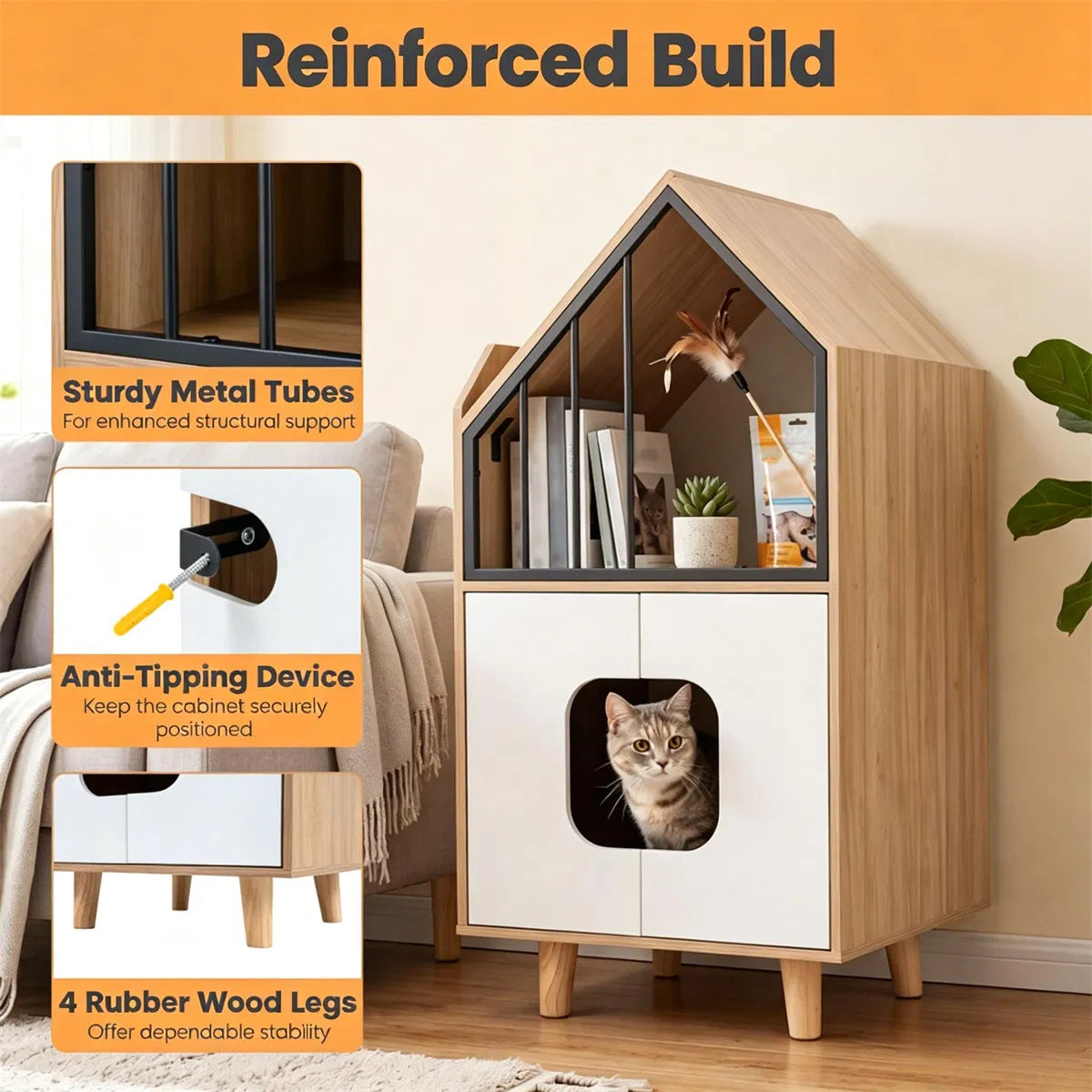 Natural & White Hidden Cat Litter Box Furniture, Elevated Cat Lounge Top Enclosed Cat Washroom Cabinet with Raised Legs 