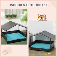 Outdoor Dog House Wicker Dog Bed with Soft Cushion Washable Cover, for Medium Large Dogs Indoor Outdoor, Blue
