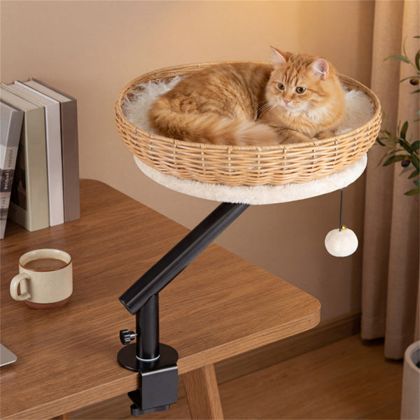 360 Rotatable Desktop Cat Bed Perch, 2-in-1 Workspace Cat Retreat With Jingling Ball Natural Black White