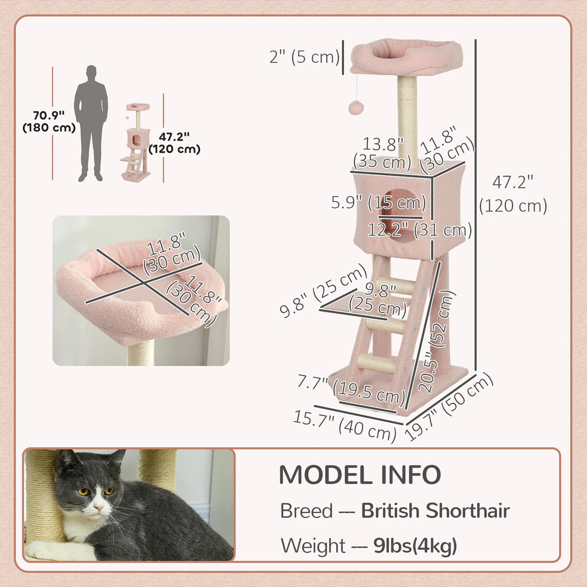 47" Tall Cat Tree Tower with Condo, Ladder, Scratching Posts and Hanging Ball, Pink
