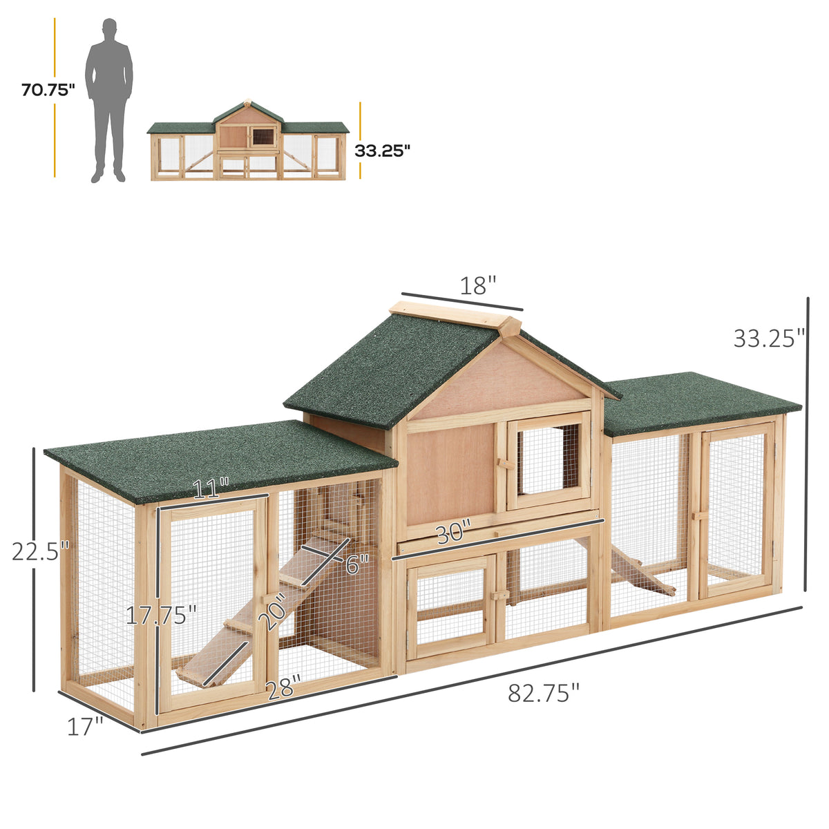 Rabbit Cage Outdoor, Rabbit House 83" 2 Story Deluxe XL Wooden Rabbit Hutch Big Bunny Cage w/ Ladder and Run