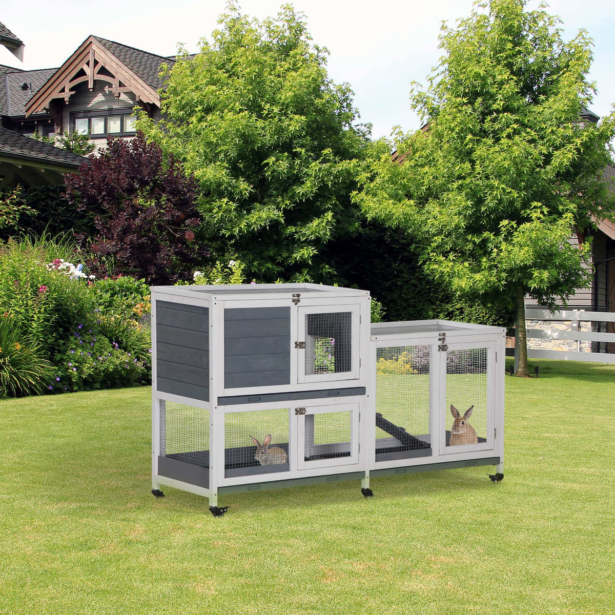 Wooden Rabbit Hutch Bunny Hutch Elevated Pet House Cage Small Animal Habitat with No Leak Tray Lockable Door Openable To