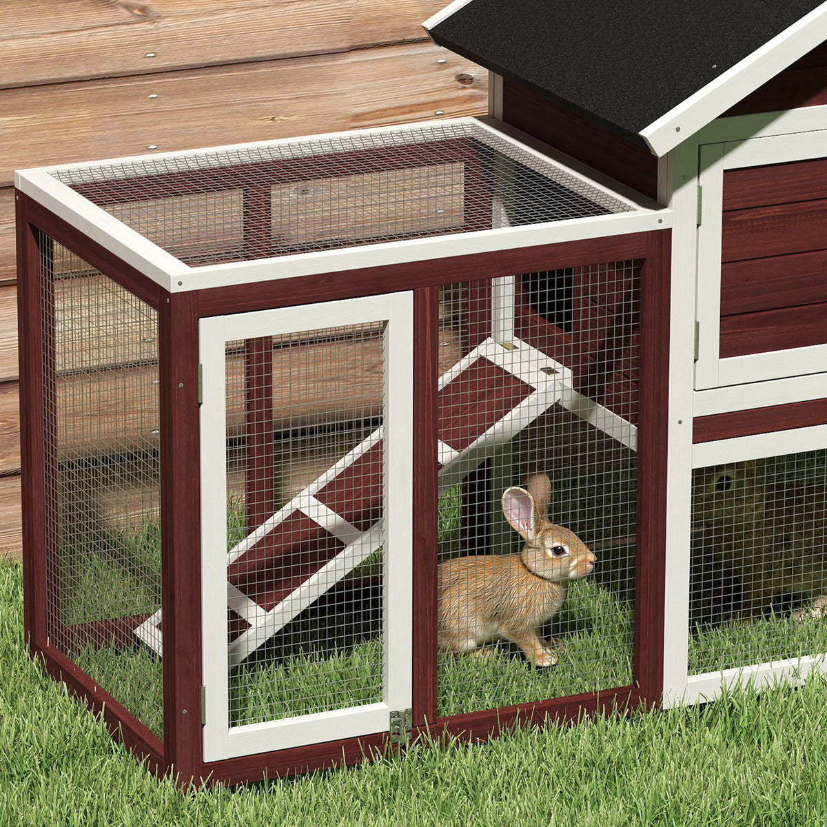 49" Wooden Rabbit Hutch Bunny Cage with Waterproof Asphalt Roof, Fun Outdoor Run, Removable Tray and Ramp, for Rabbits, 