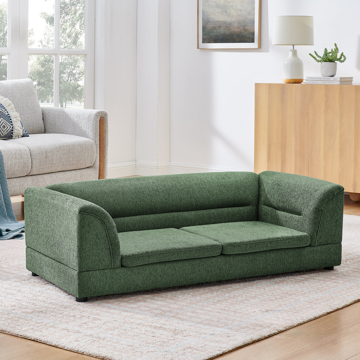 Oversized Pet Sofa, Curved Armrest Rectangular Dog Sofa, Linen Fabric Comfort Pet Couch for Large & Oversized Dogs-Olive