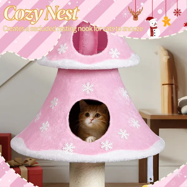 59in Large Tall Christmas Tree Cat Tower With 2 Cat Condos & Scratching Post, Soft Fleece Cat Tree With Teaser Toy & Stu