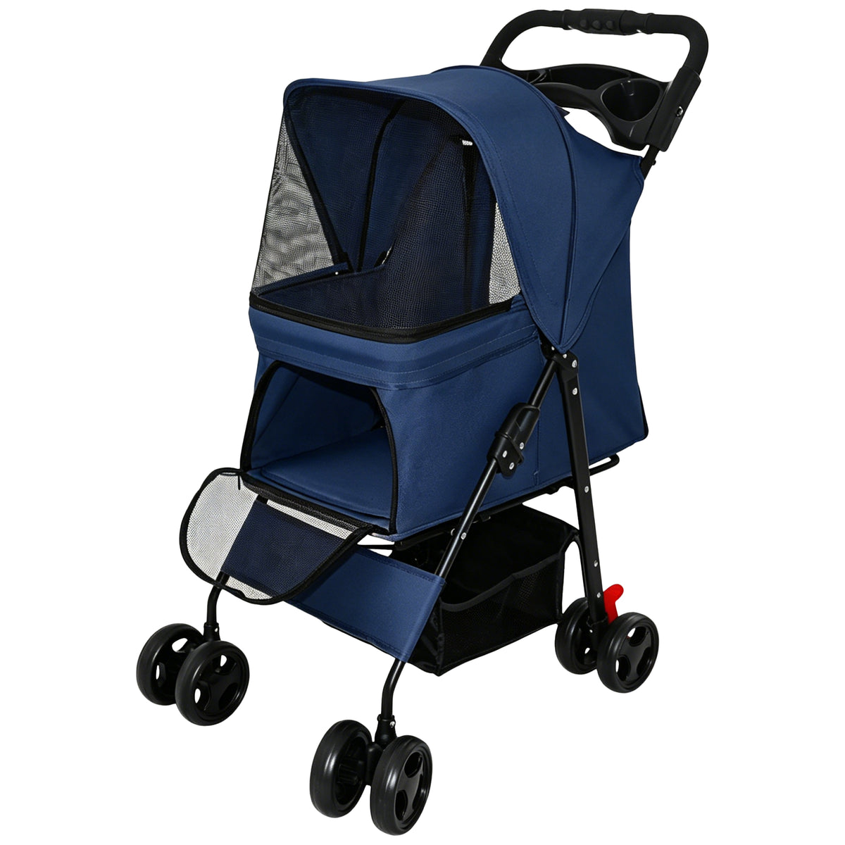 Foldable Pet Stroller for Small Dogs and Cats Under 28 lbs with Multi-Functional Tray, 2 Safety Leashes, Storage Basket 