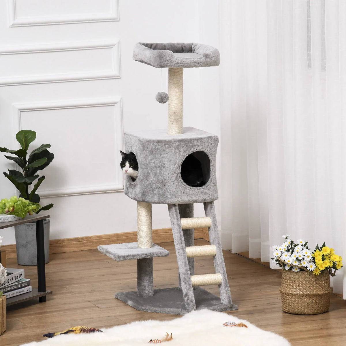 47" Tall Cat Tree Tower with Condo, Ladder, Scratching Posts and Hanging Ball, Light Grey