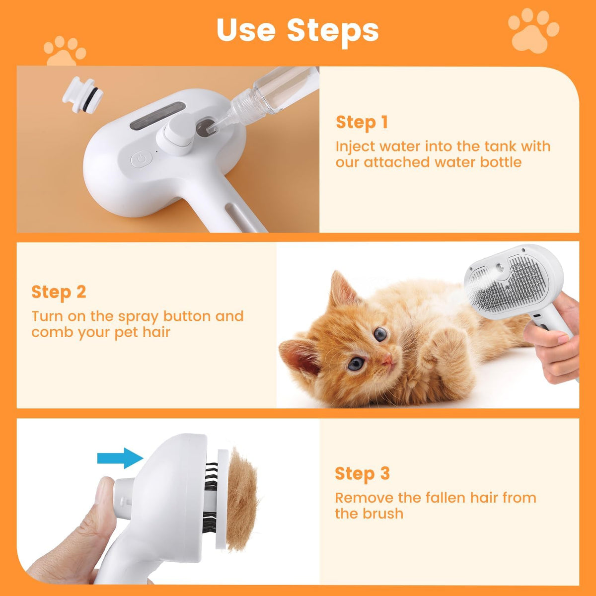 3 In 1 Cat Steam Brush, Pet Steam Brush For Cat Dog Long Short Haired, Pet Spray Hair Removal Comb For Small Animals She