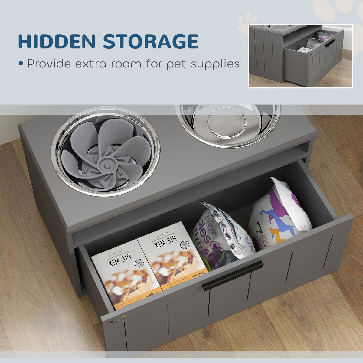 Elevated Dog Bowls, Large Breed Raised Dogs Bowl Stand with 2 Stainless Steel Bowls, Storage Drawer and Slow Feeder Mat