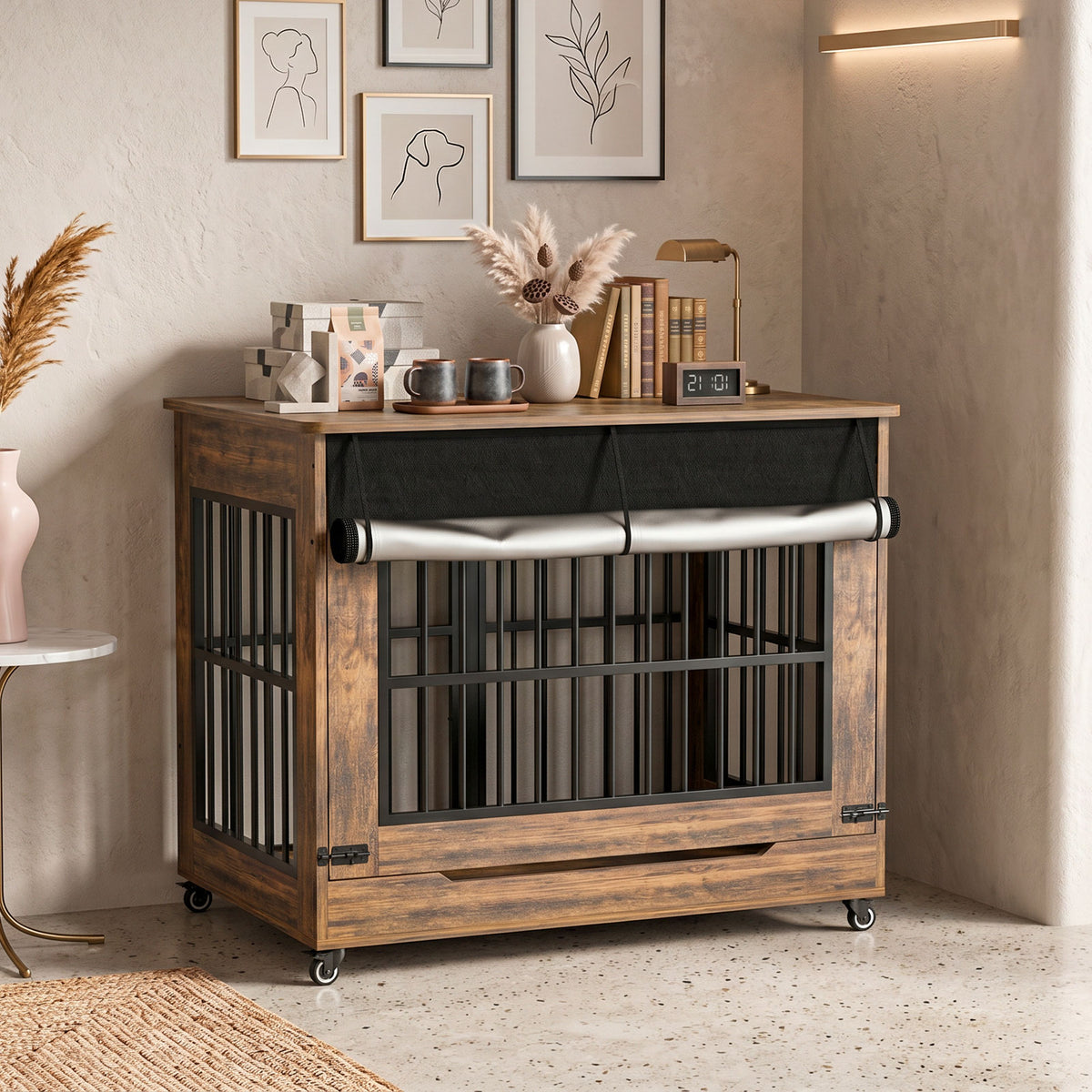 42in Large Dog Crate Furniture, Double Door Wooden Indoor Dog Kennel Furniture, Decorative Pet Cage End Table With Wheel