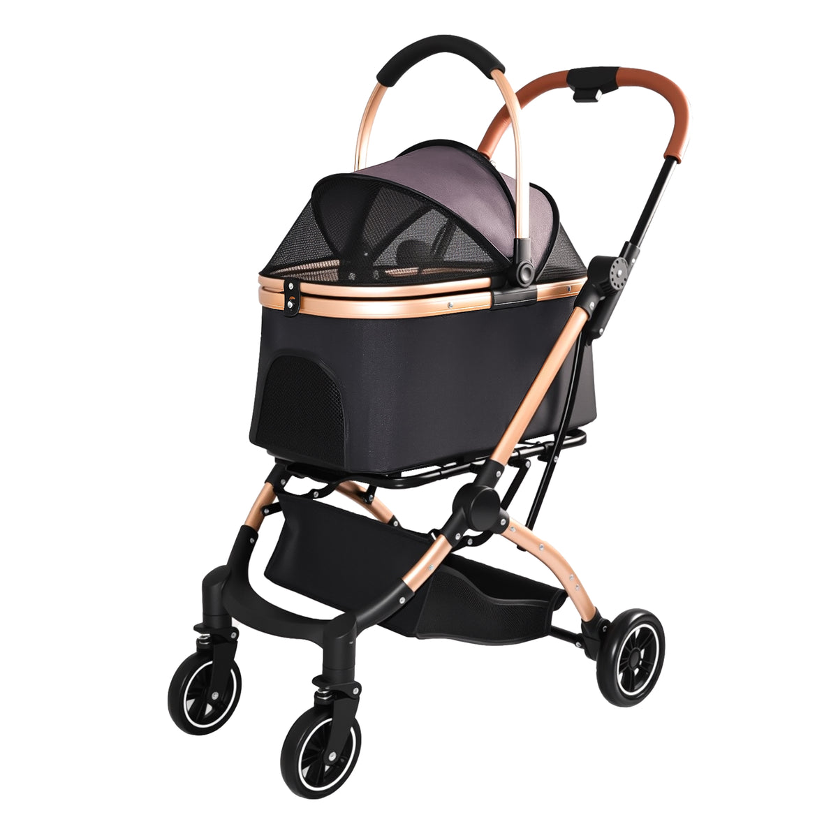 Pet Stroller for Dogs and Cats, 2-in-1 Detachable Foldable 4 Wheels Pet Stroller, Quick One-Hand Fold, Storage Basket, D