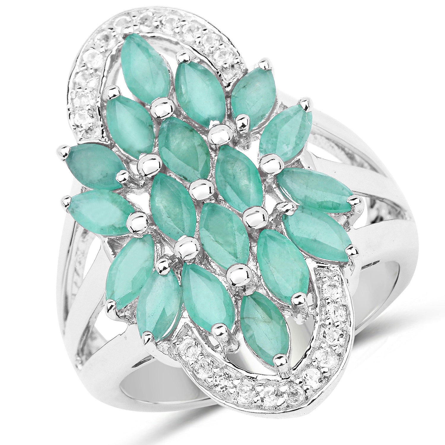 2.74 Carat Genuine Emerald and White Topaz .925 Sterling Silver Ring