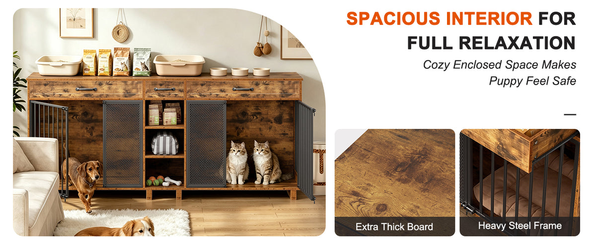 Large Wooden Dog Crate Furniture, Multi-Functional Pet Cage Cabinet with Storage