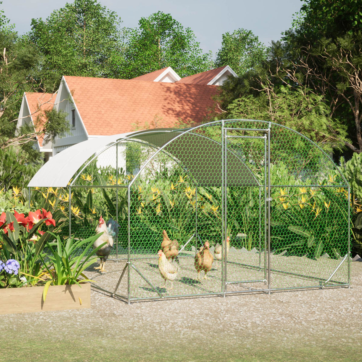 Large Chicken Coop Metal Chicken Run With Waterproof And Anti-UV Cover, Dome Shaped Walk-in Fence Cage Hen House For Out