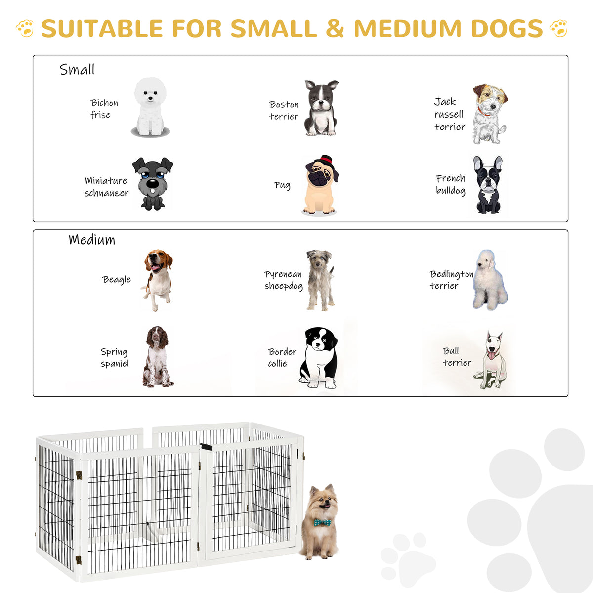 Wooden Pet Gate, 6-Panel Folding Dog Safety Barrier with Support Feet for Small & Medium Dogs, White