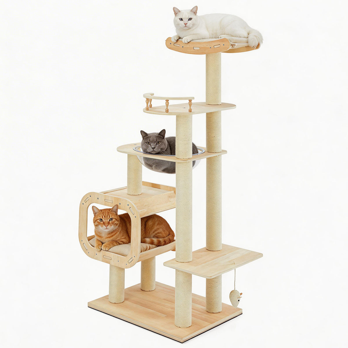 Modern Heavy-Duty No-Drill Cat Tree-Solid Wood Multi-Story Board, 4-Story Multi-Column Cat Tower, 57.9in For Multi-Cat H