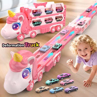 Cute Transforming Truck Toy Expandable Racetrack & Vehicle Storage Set Portable Carrier With Mini Cars Toy For Girls Age