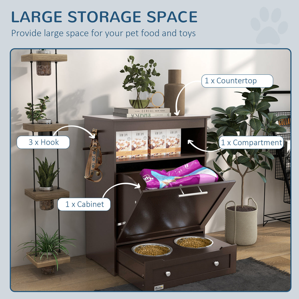 Pet Feeder Station Storage Cabinet, Dog Food Storage Container with Dog Raised Bowls, Watering Supplies, Gray