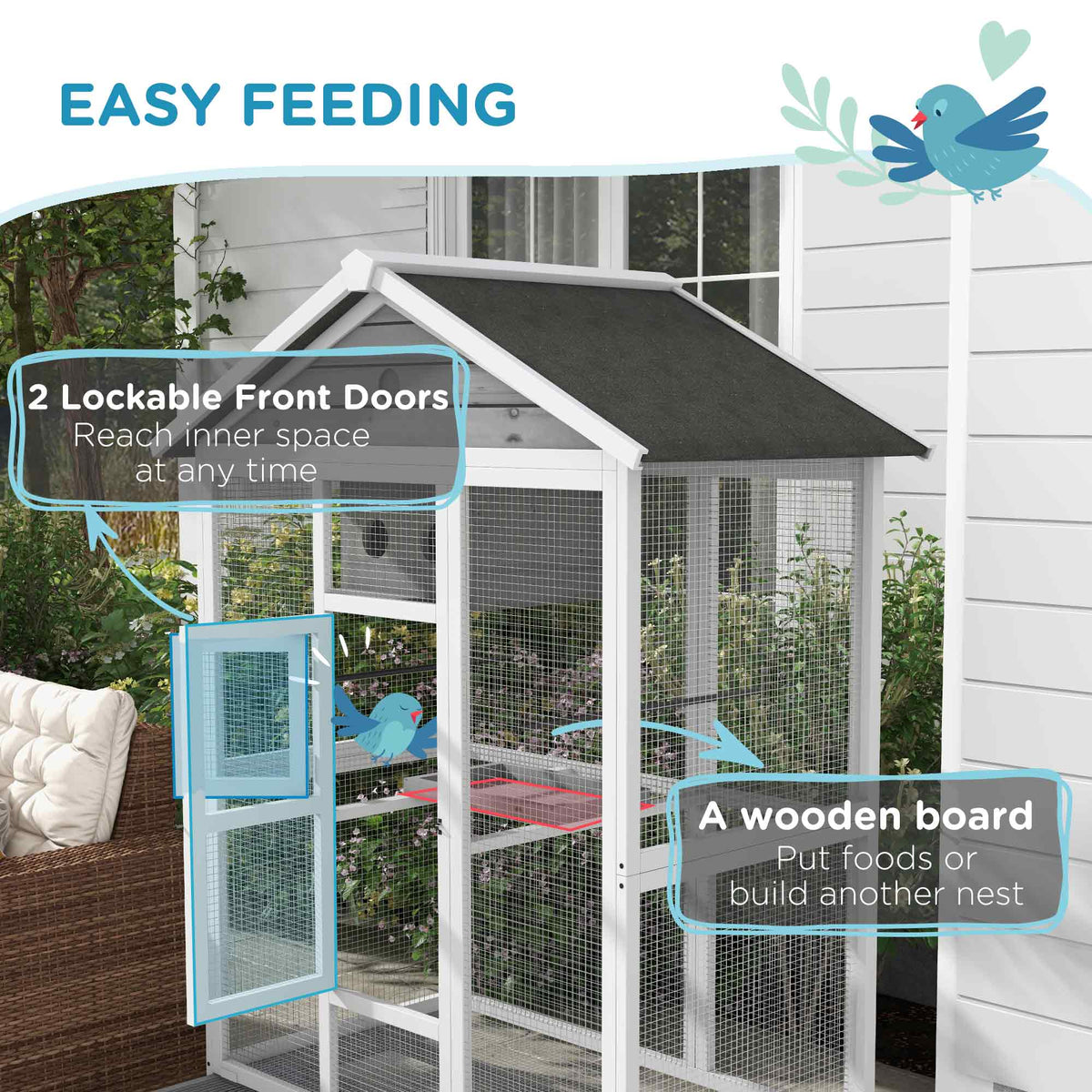 64.5" Wooden Bird Cage Aviary, Flight Cage with 4 Perches, Nest and Slide-Out Tray for Indoor/Outdoor, Gray