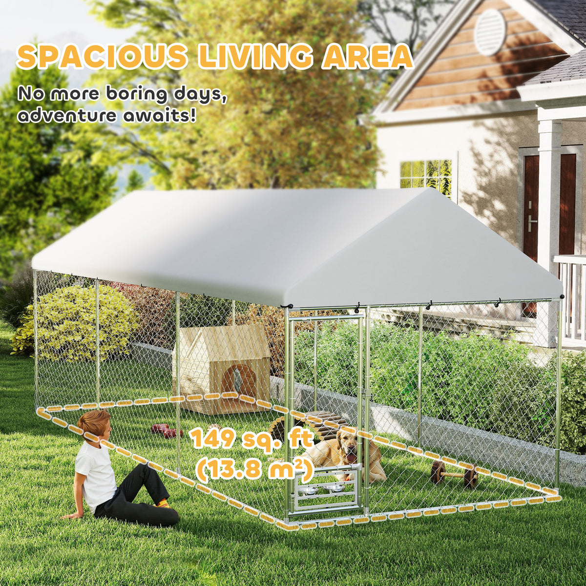 Outdoor Dog Kennel w/ Adjustable & Rotatable Bowl Rack, Waterproof UV-Resistant Cover, Secure Lock, 19.7 x 7.5 x 7.5