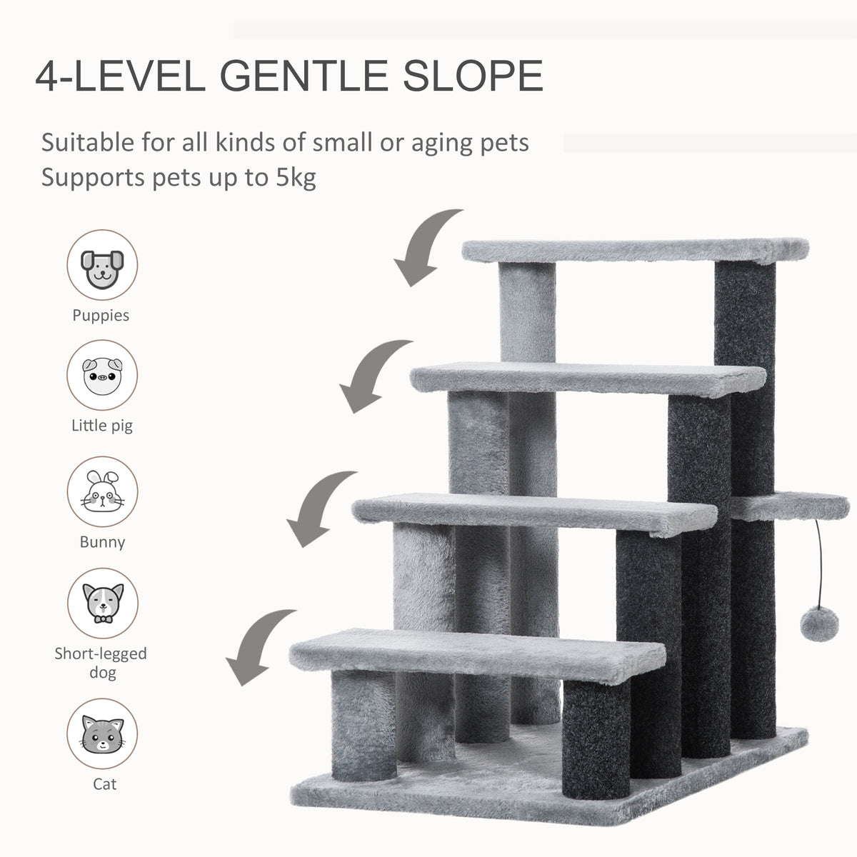 Cat Tree, Cat Tower Cat Stair Steps with Scratching Post, Hanging Play Ball for High Bed, Sofa, Indoor / Outdoor