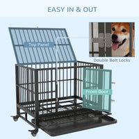 Heavy Duty Dog Crate Metal Cage Kennel With Lockable Wheels, Double Door And Removable Tray, Gray
