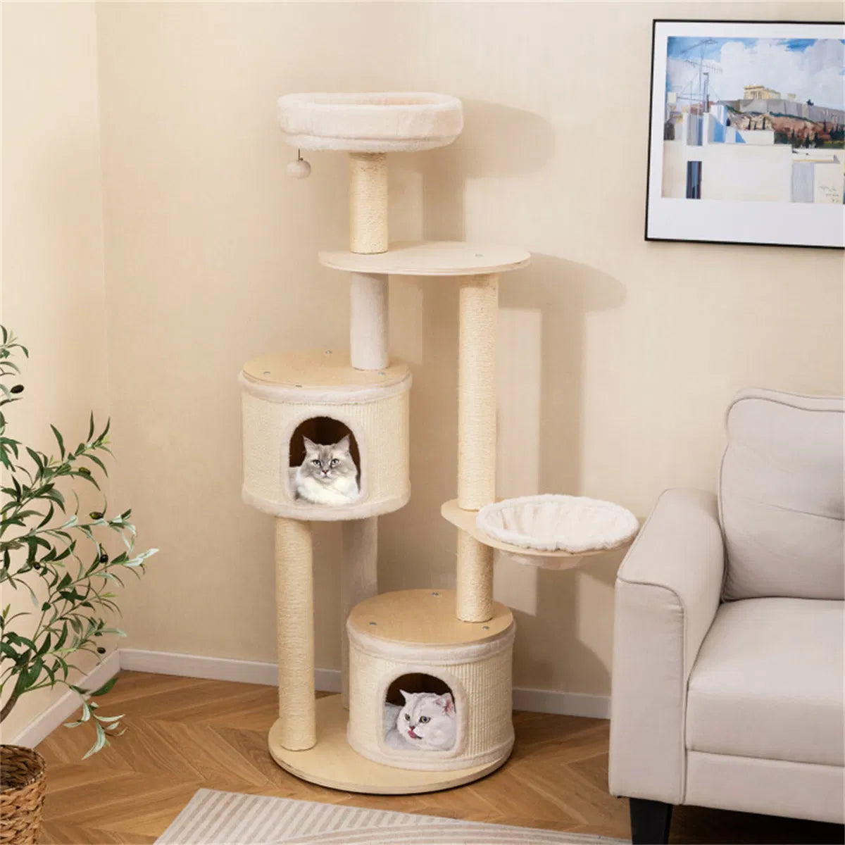 60 Inch Tall Wooden Cat Tree Multi-Level Cat Tower with Sisal Scratching Posts & Condos for Indoor Cats, Natural