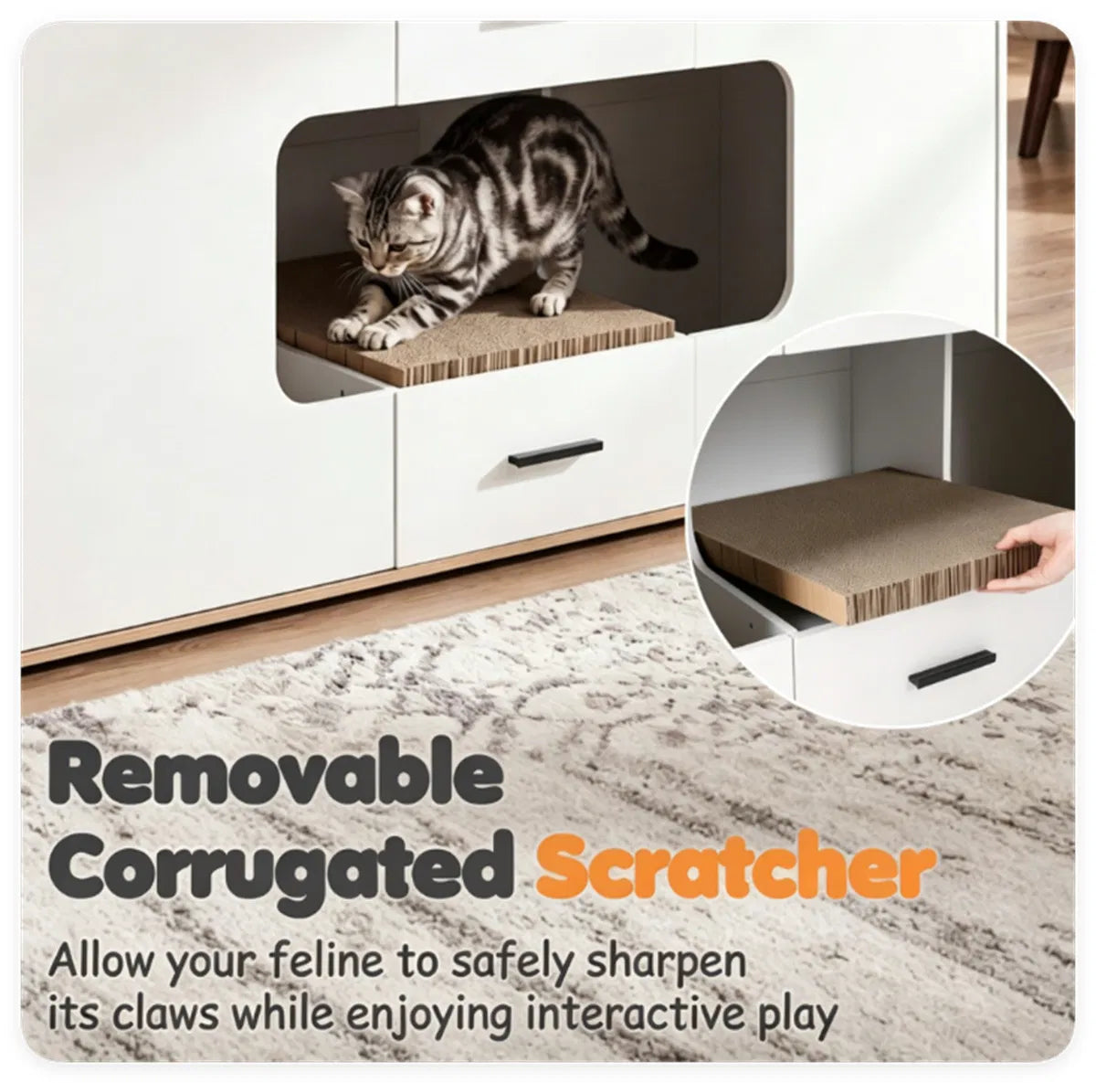Large Cat Litter Box Enclosure Furniture with Storage Drawers & Built-In Scratching Board, Hidden Cat Washroom Cabinet w