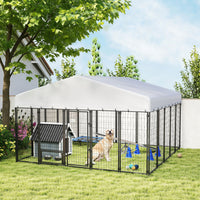 9.8 x 9.8 x 6 Outdoor Dog Kennel, Dog Kennel Outside Run with 360° Rotating Bowls, Waterproof & UV Resistant Cover