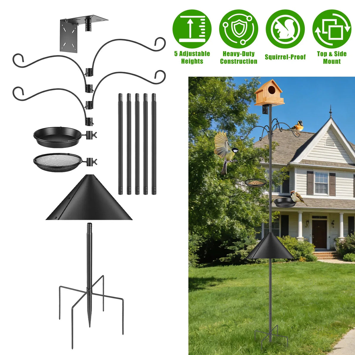 94Inch Squirrel Proof Bird Feeder Pole Heavy-Duty Bird House Pole Outdoor Bird Feeding Station with 5 Adjustable Heights