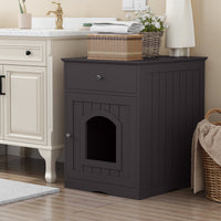 Black Wooden Cat Litter Box Enclosure W Drawer & Side Table, Indoor Pet Crate Nightstand For Home
