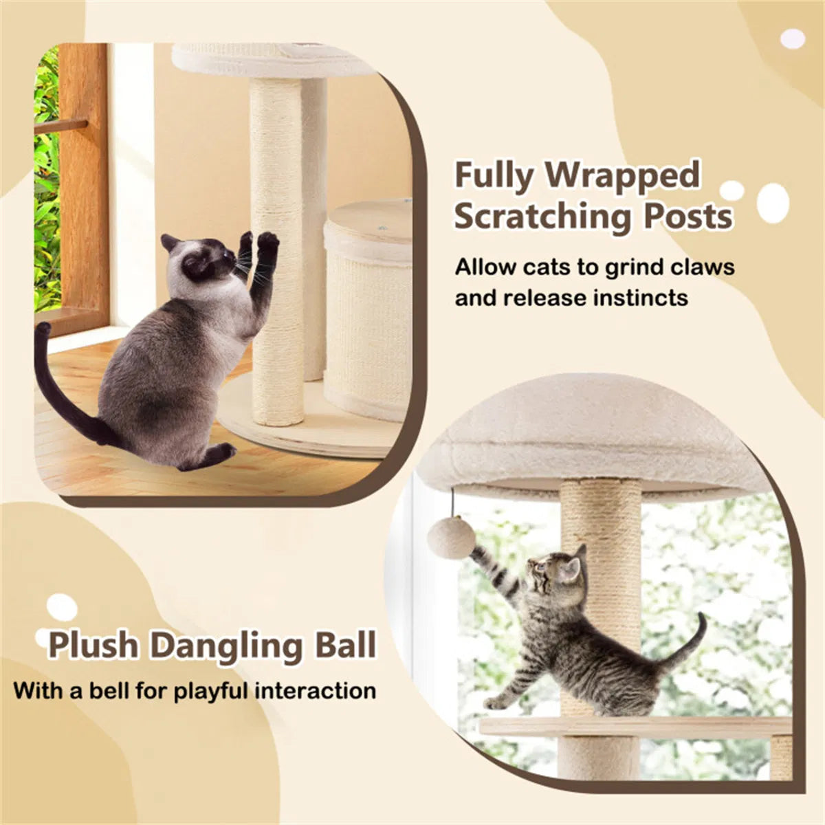 60 Inch Tall Wooden Cat Tree Multi-Level Cat Tower with Sisal Scratching Posts & Condos for Indoor Cats, Natural