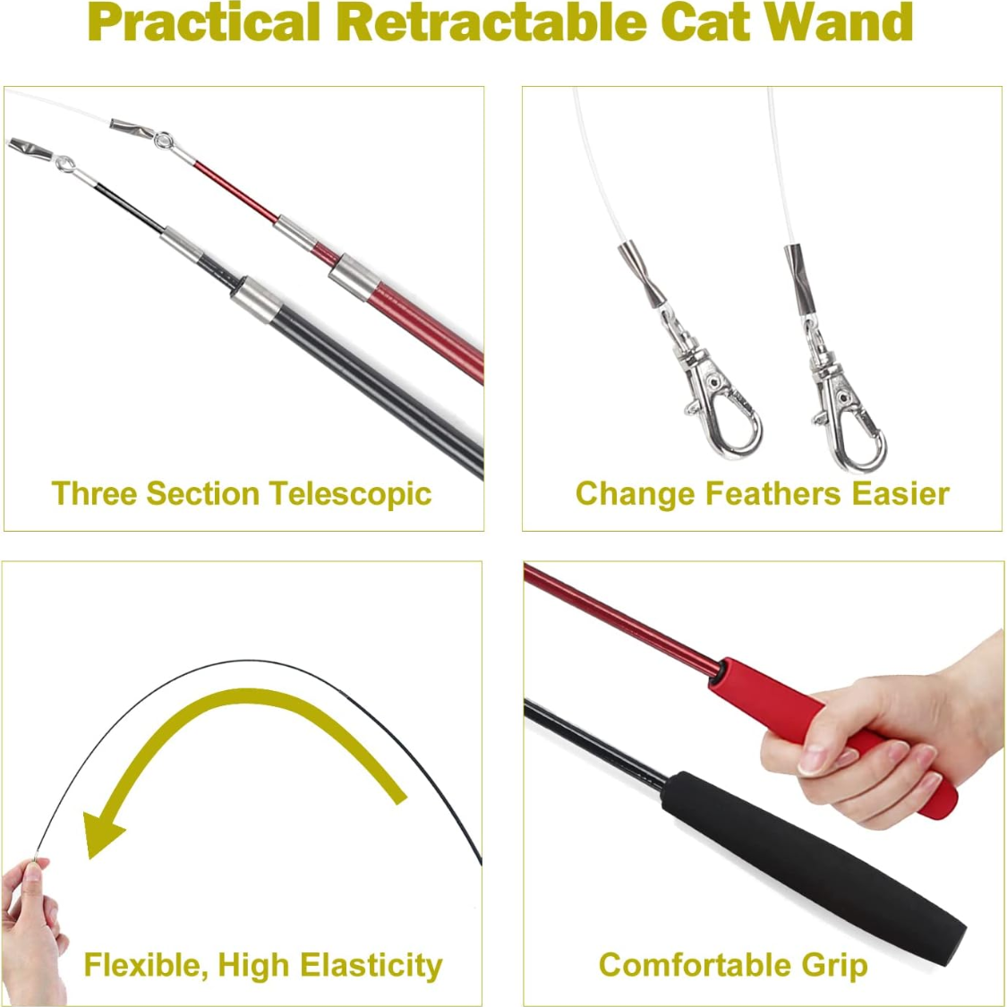 Cat Toys For Indoor Cats, Interactive Cat Toy 2PCS Retractable Wand Toy And 9PCS Cat Feather Toys Refills, Funny Kitten 