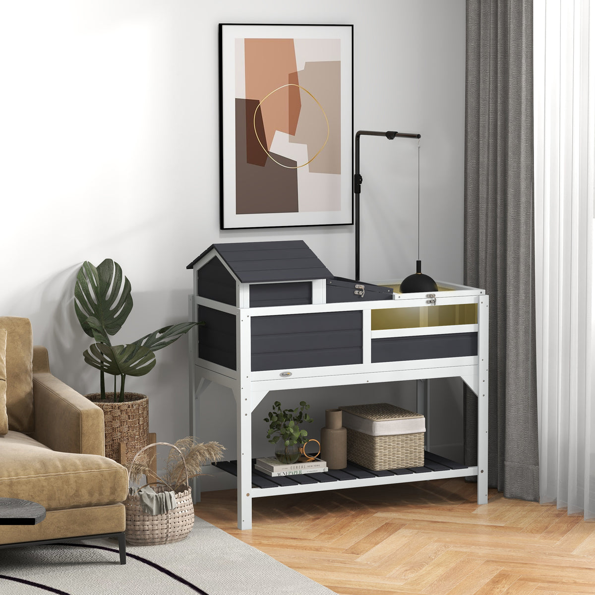 Tortoise Enclosure Tortoise House w/ Adjustable Lamp Holder, Storage Shelf, Removable Main House, Openable Lid, Gray