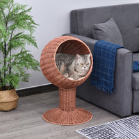 Elevated Cat Bed with Rotatable Egg Chair Pod, Cat Basket Bed with Thick Cushion, Natural Mat Grass Woven Kitty House, B