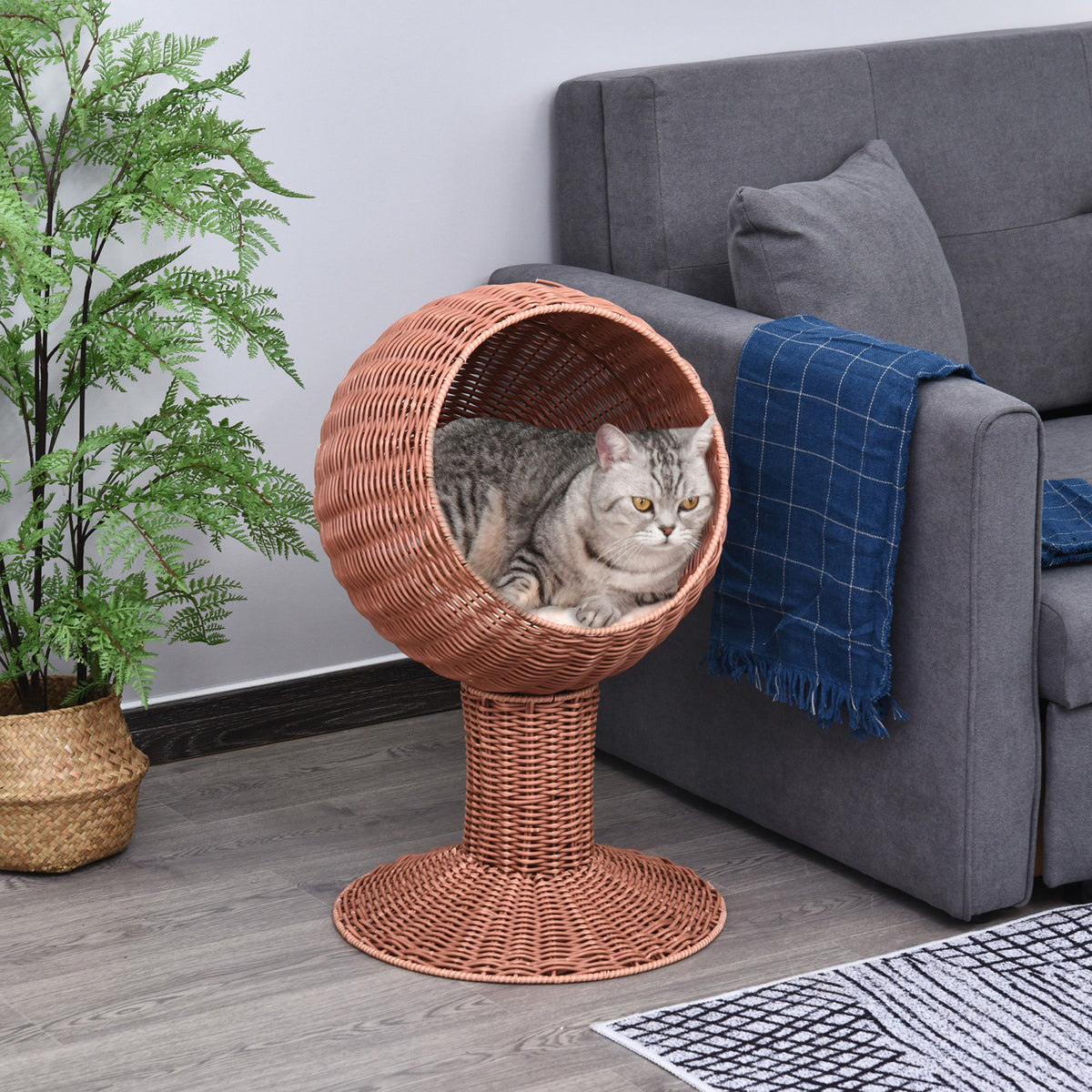 Elevated Cat Bed with Rotatable Egg Chair Pod, Cat Basket Bed with Thick Cushion, Natural Mat Grass Woven Kitty House, B